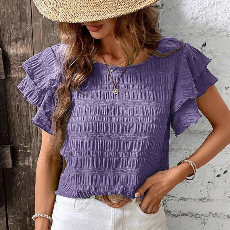 Blouses- Women Textured Stripe Ruffle-Sleeve Blouse for Any Occasion- Purple- Pekosa Women Fashion