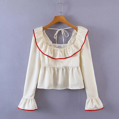 '- Women Vintage-Inspired Peasant Top - Ruffled Square Neck Blouse- Beige- Chuzko Women Clothing