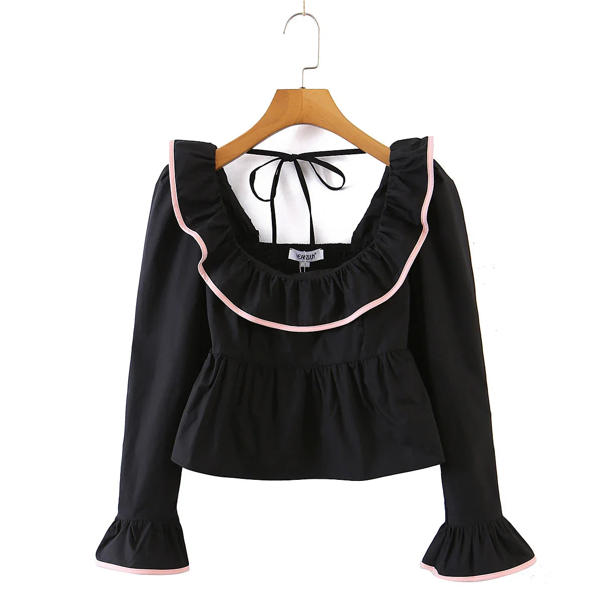 '- Women Vintage-Inspired Peasant Top - Ruffled Square Neck Blouse- Black- Chuzko Women Clothing