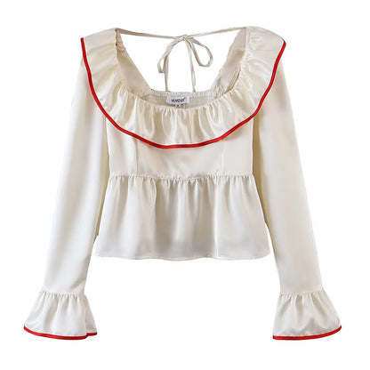 '- Women Vintage-Inspired Peasant Top - Ruffled Square Neck Blouse- - Chuzko Women Clothing