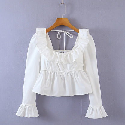 '- Women Vintage-Inspired Peasant Top - Ruffled Square Neck Blouse- WHITE- Chuzko Women Clothing