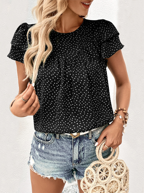 Blouses- Women's Polka Dot Blouse with Layered Sleeves- Black- Chuzko Women Clothing