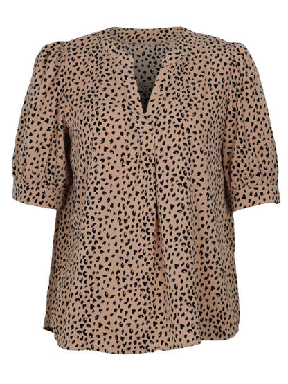 Blouses- Women's Puff Sleeves V-Neck Blouse in Animal Print- - Chuzko Women Clothing