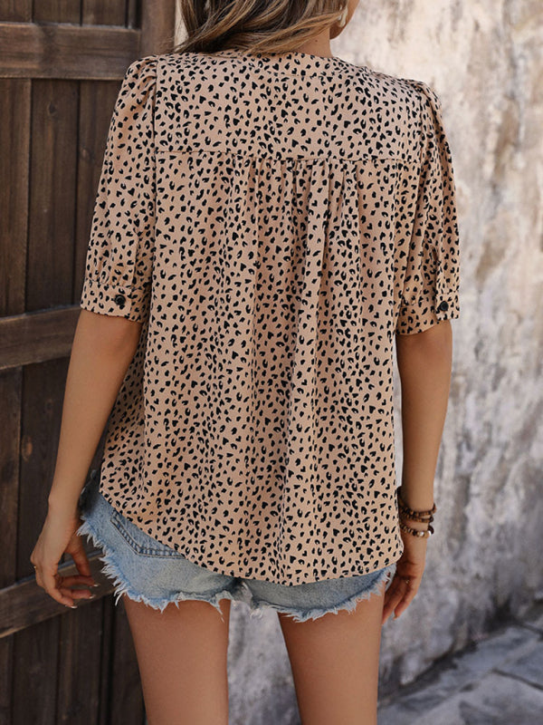 Blouses- Women's Puff Sleeves V-Neck Blouse in Animal Print- - Chuzko Women Clothing