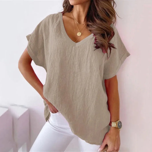 Blouses- Women's Solid Cotton V-Neck Blouse Top for Casual Outings- - Chuzko Women Clothing