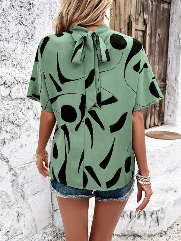 Women's Stand Collar Blouse with Abstract Print & Bowknot Back