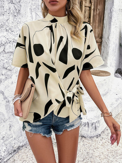 Women's Stand Collar Blouse with Abstract Print & Bowknot Back