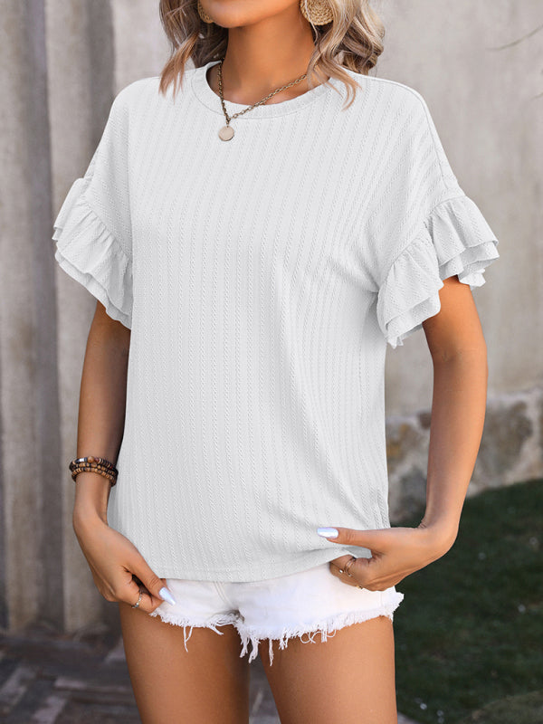 Blouses- Women's Textured Summer Blouse with Ruffle Sleeves- - Chuzko Women Clothing