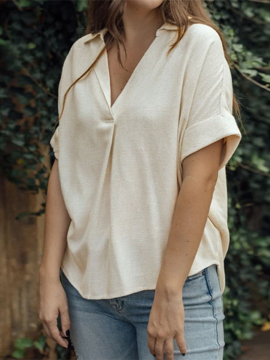 Blouses- Women's V-Neck Shirt Blouse in Solid Cotton Linen- Cracker khaki- Chuzko Women Clothing