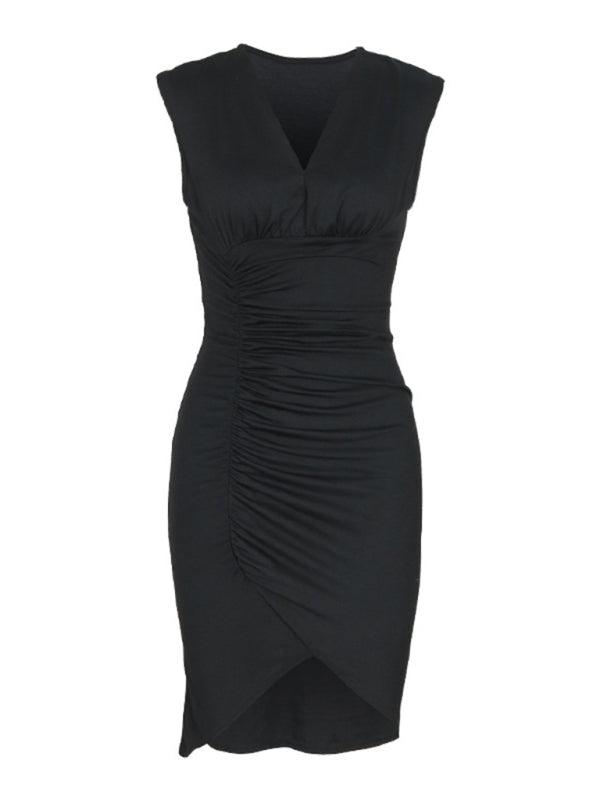 Bodycon Dresses- Asymmetric Ruched Body-Hugging Little Black Dress- - Pekosa Women Fashion