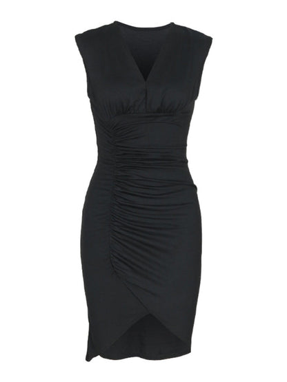 Bodycon Dresses- Asymmetric Ruched Body-Hugging Little Black Dress- - Pekosa Women Fashion