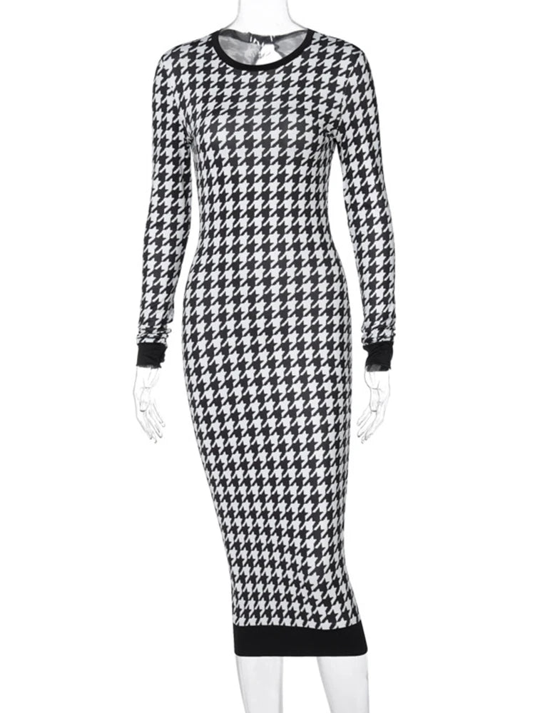 Bodycon Dresses - Chic Houndstooth Bodycon Midi Dress for Winter