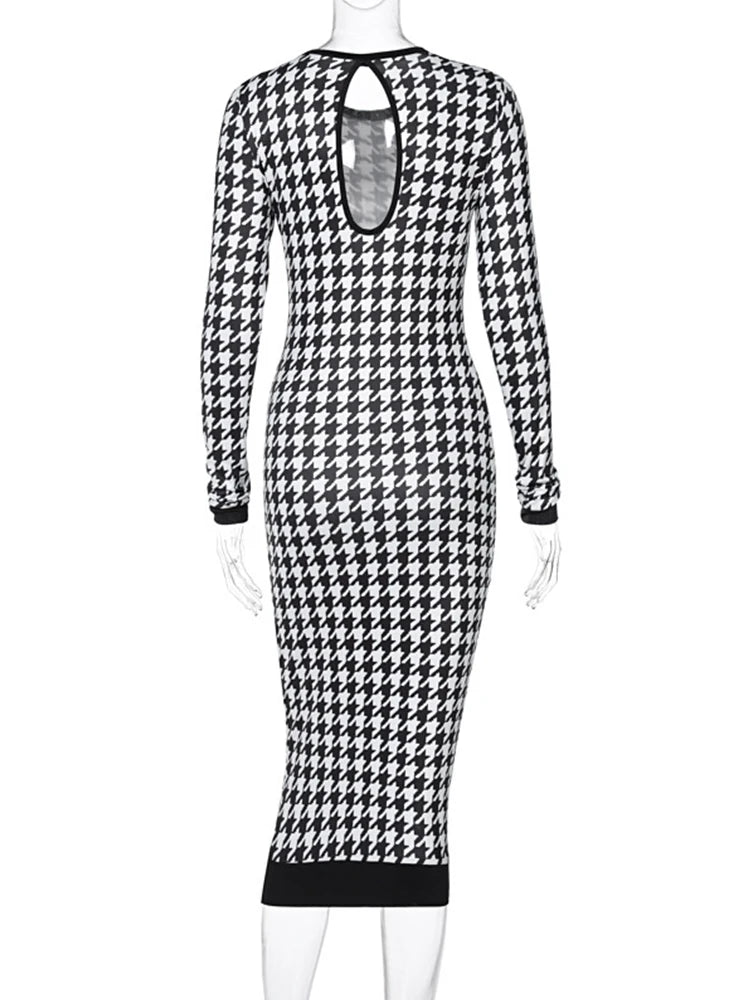 Bodycon Dresses - Chic Houndstooth Bodycon Midi Dress for Winter