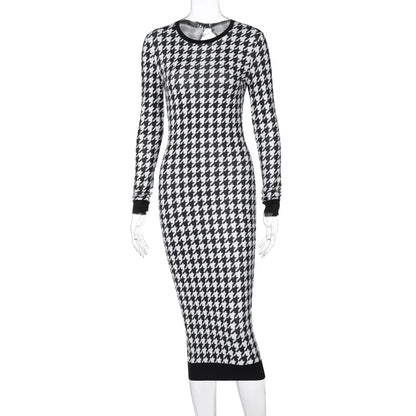 Bodycon Dresses - Chic Houndstooth Bodycon Midi Dress for Winter