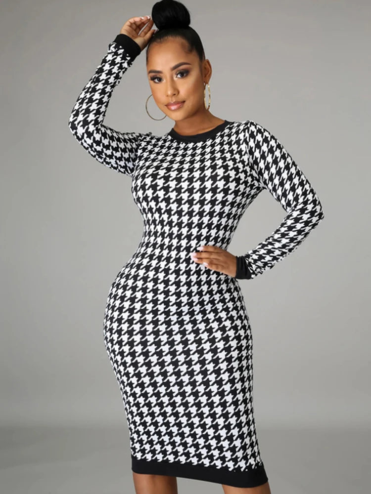 Bodycon Dresses - Chic Houndstooth Bodycon Midi Dress for Winter