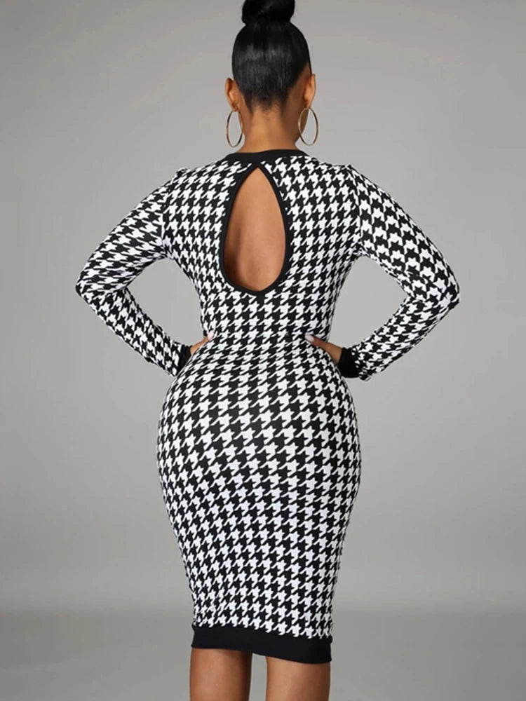 Bodycon Dresses - Chic Houndstooth Bodycon Midi Dress for Winter