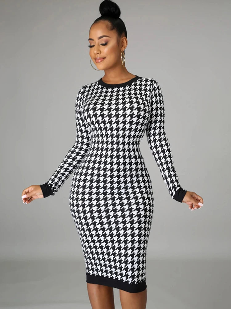 Bodycon Dresses - Chic Houndstooth Bodycon Midi Dress for Winter