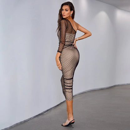 Bodycon Dresses- Contoured Bandage Mesh Bodycon Midi Dress- - Pekosa Women Clothing