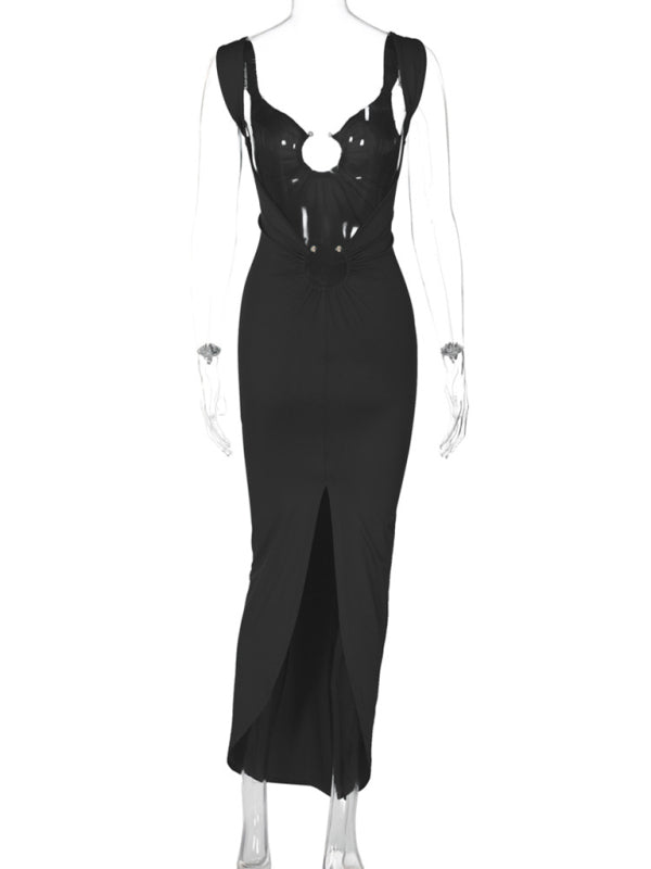 Bodycon Dresses - Figure-Hugging Party Maxi Dress with Circle Ring