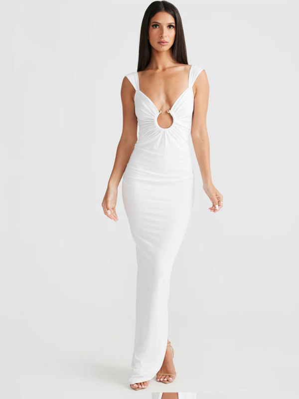 Bodycon Dresses - Figure-Hugging Party Maxi Dress with Circle Ring