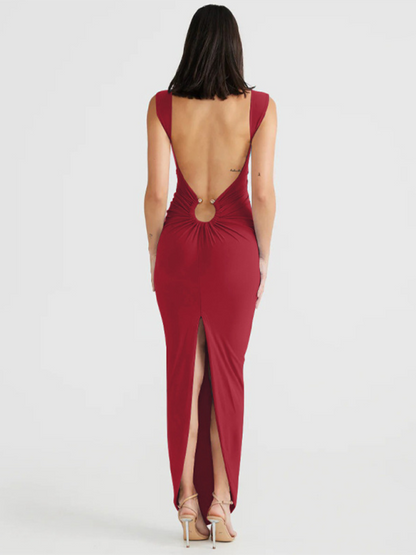 Bodycon Dresses - Figure-Hugging Party Maxi Dress with Circle Ring