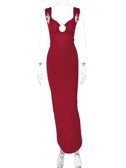 Bodycon Dresses - Figure-Hugging Party Maxi Dress with Circle Ring