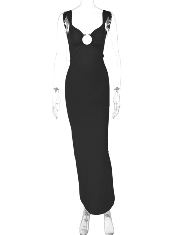 Bodycon Dresses - Figure-Hugging Party Maxi Dress with Circle Ring