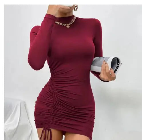 Bodycon Dresses- High-Neck Long Sleeves Bodycon Ruched Mini Dress- Claret- Chuzko Women Clothing