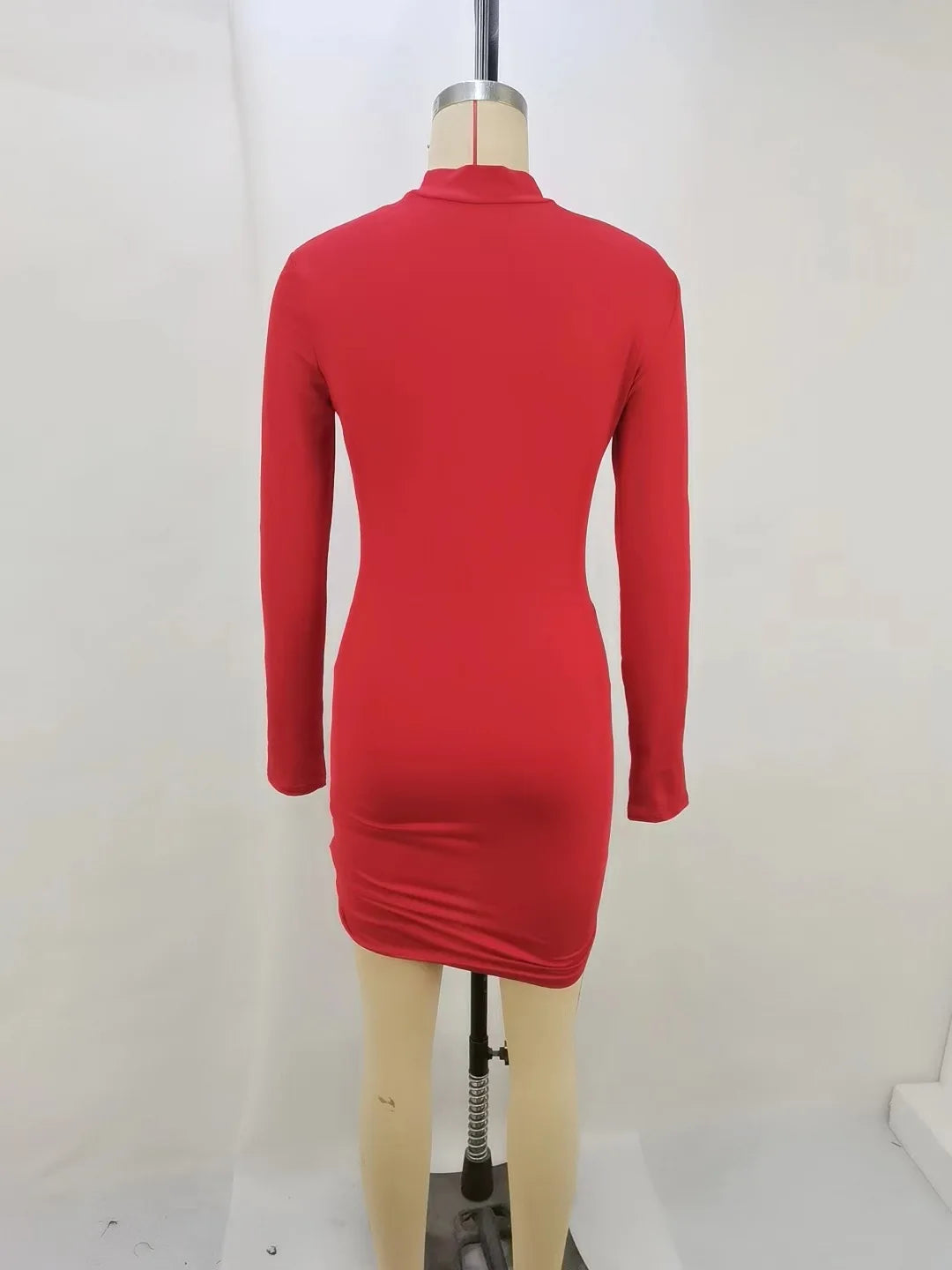 Bodycon Dresses- High-Neck Long Sleeves Bodycon Ruched Mini Dress- - Chuzko Women Clothing