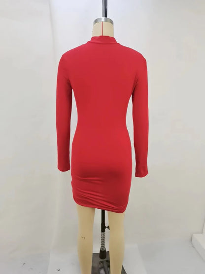 Bodycon Dresses- High-Neck Long Sleeves Bodycon Ruched Mini Dress- - Chuzko Women Clothing