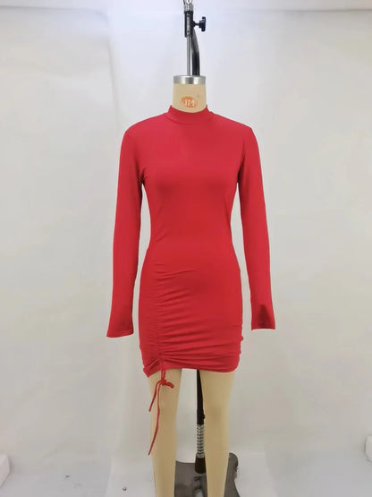 Bodycon Dresses- High-Neck Long Sleeves Bodycon Ruched Mini Dress- Red- Chuzko Women Clothing