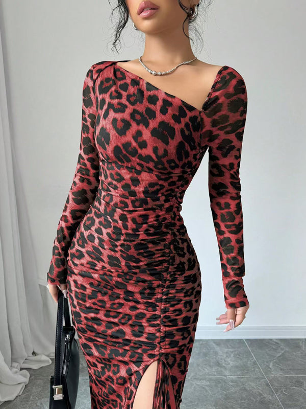 Bodycon Dresses - Leopard Animal Print Asymmetrical Midi Dress