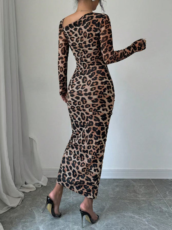 Bodycon Dresses - Leopard Animal Print Asymmetrical Midi Dress