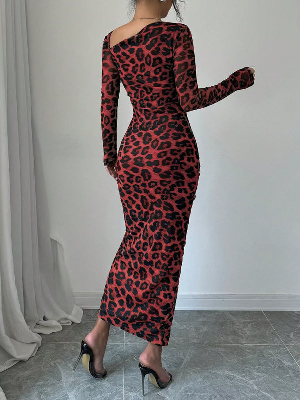 Bodycon Dresses - Leopard Animal Print Asymmetrical Midi Dress