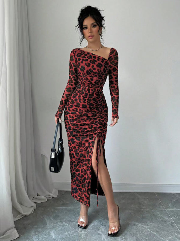 Bodycon Dresses - Leopard Animal Print Asymmetrical Midi Dress