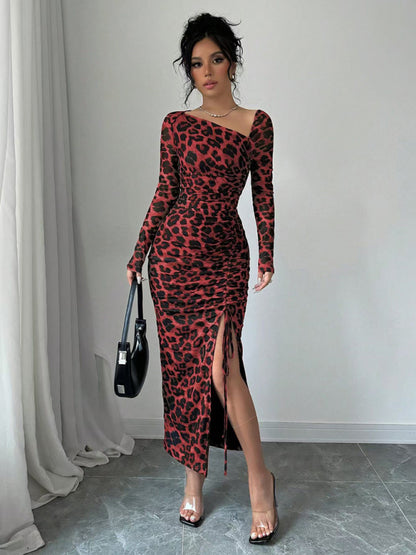 Bodycon Dresses - Leopard Animal Print Asymmetrical Midi Dress