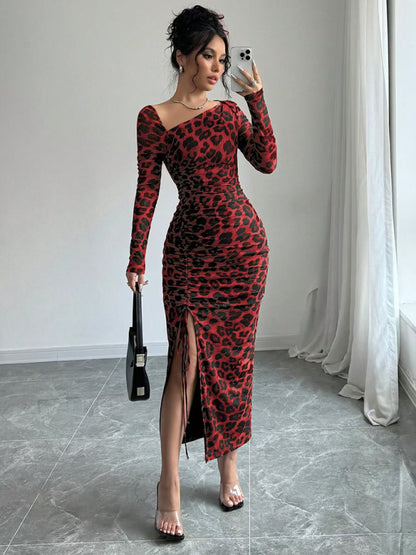 Bodycon Dresses - Leopard Animal Print Asymmetrical Midi Dress