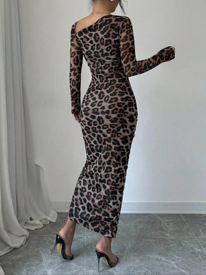 Bodycon Dresses - Leopard Animal Print Asymmetrical Midi Dress