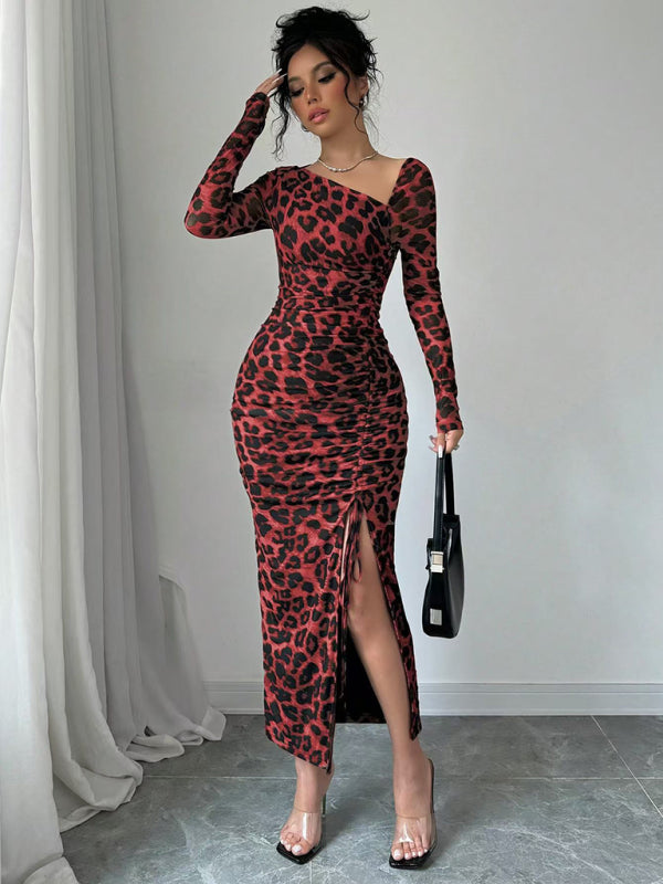 Bodycon Dresses - Leopard Animal Print Asymmetrical Midi Dress