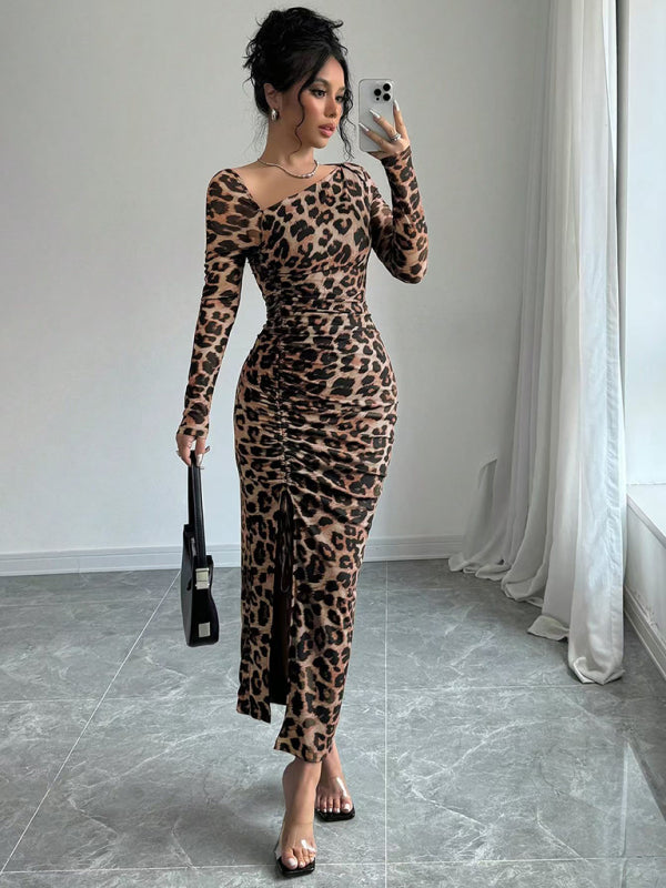 Bodycon Dresses - Leopard Animal Print Asymmetrical Midi Dress