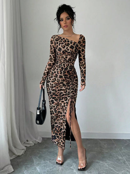 Bodycon Dresses - Leopard Animal Print Asymmetrical Midi Dress