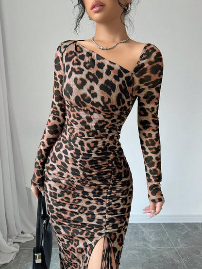 Bodycon Dresses - Leopard Animal Print Asymmetrical Midi Dress