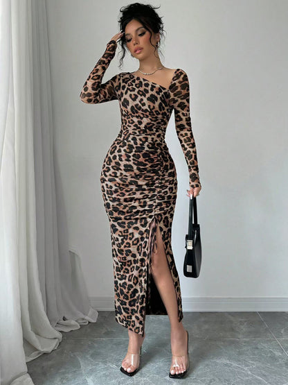 Bodycon Dresses - Leopard Animal Print Asymmetrical Midi Dress