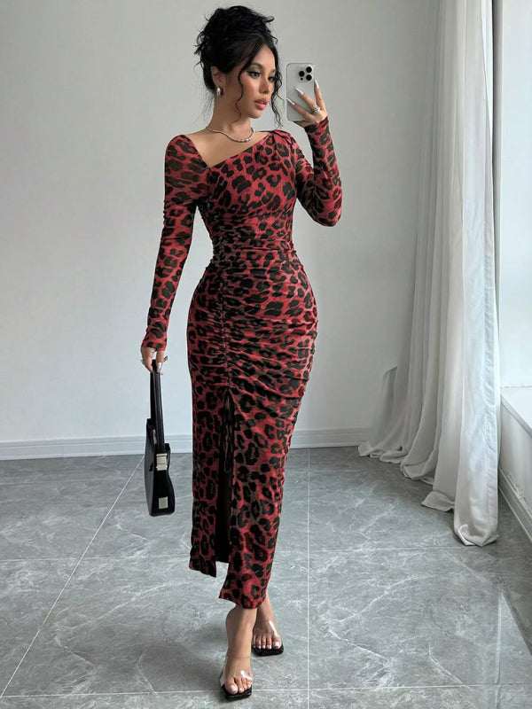 Bodycon Dresses - Leopard Animal Print Asymmetrical Midi Dress