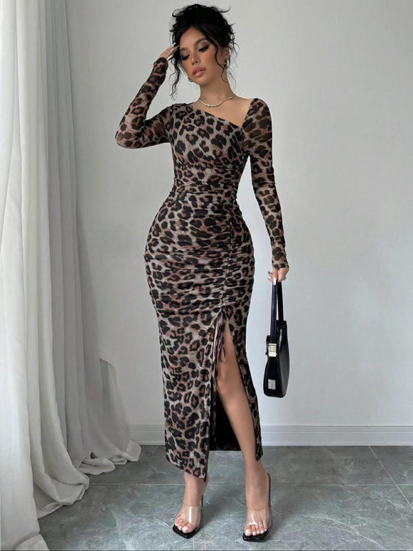 Bodycon Dresses - Leopard Animal Print Asymmetrical Midi Dress