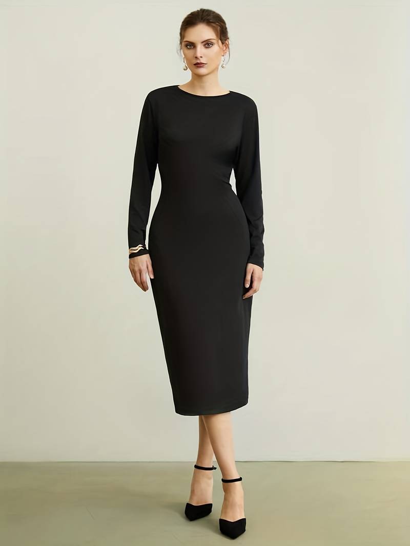 Bodycon Dresses- Solid Long Sleeve Easy Fit Business Casual Bodycon Midi Dress- - Pekosa Women Clothing