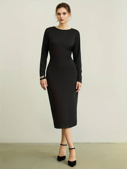 Bodycon Dresses- Solid Long Sleeve Easy Fit Business Casual Bodycon Midi Dress- - Pekosa Women Clothing