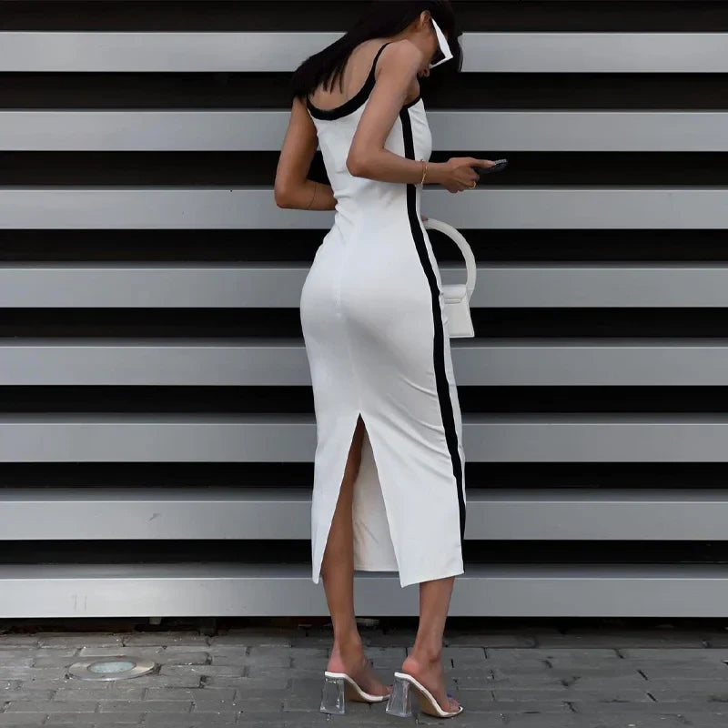 Bodycon Dresses- White V-Neck Dress with Side Stripe - Perfect for Casual Dates- - Pekosa Women Fashion