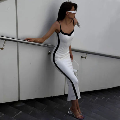 Bodycon Dresses- White V-Neck Dress with Side Stripe - Perfect for Casual Dates- - Pekosa Women Fashion