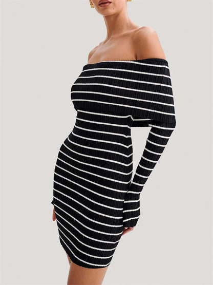 Bodycon Dresses- Women's Folded Shoulders Dress in Stripe Knitting- Black- Pekosa Women Fashion